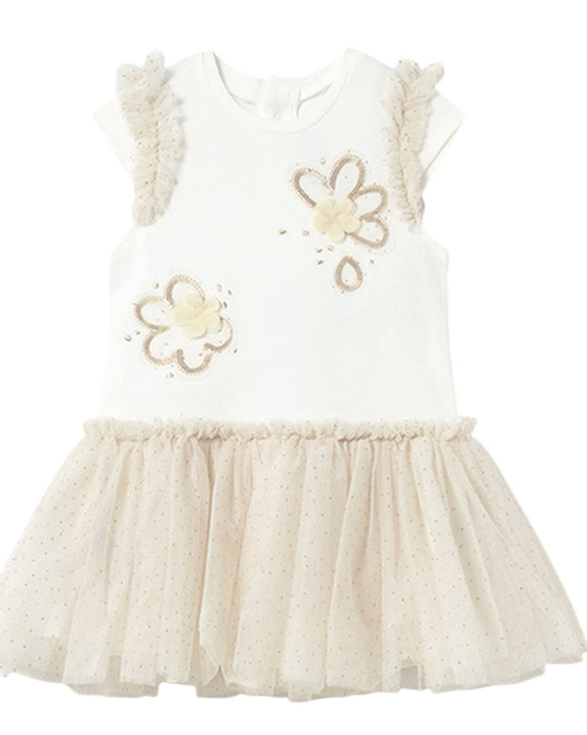 Kids Atelier-Mayoral-Champagne Sleeveless Floral Ruffle Dress