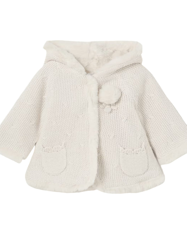 Kids Atelier-Mayoral-Beige Pom Knit Hooded Coat

