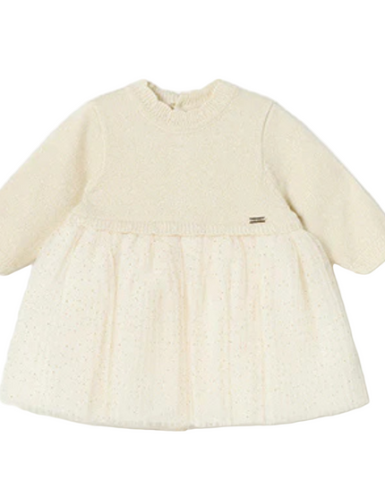 Kids Atelier-Mayoral-Champagne Pleated Knit Tulle Dress