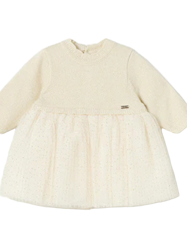 Kids Atelier-Mayoral-Champagne Pleated Knit Tulle Dress