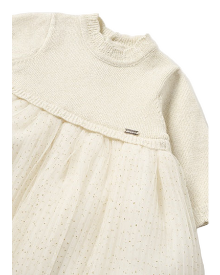 Kids Atelier-Mayoral-Champagne Pleated Knit Tulle Dress