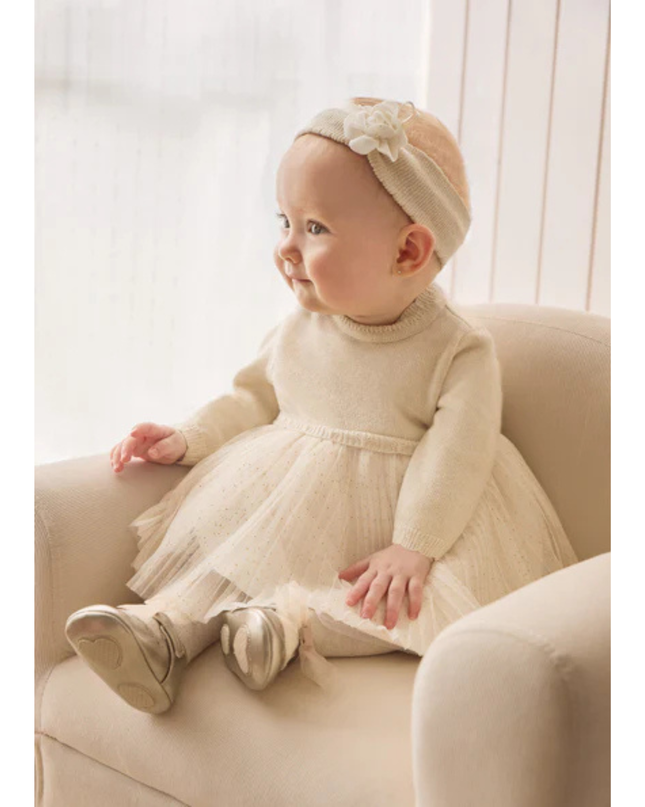 Kids Atelier-Mayoral-Champagne Pleated Knit Tulle Dress