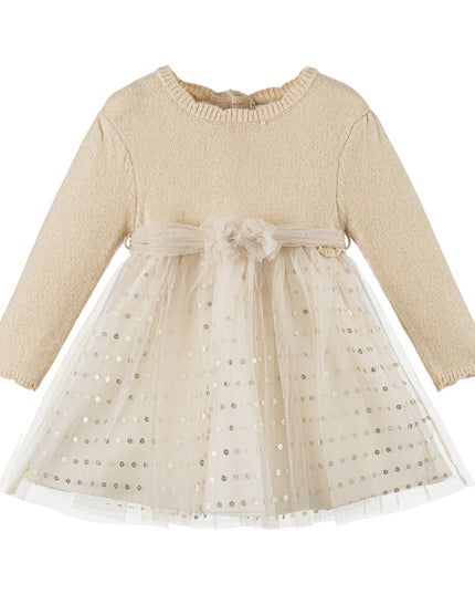 Kids Atelier-Mayoral-Beige Knit Polka Dot Tulle Dress