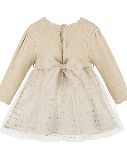 Kids Atelier-Mayoral-Beige Knit Polka Dot Tulle Dress