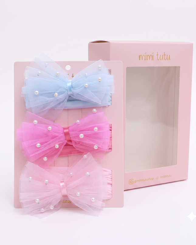 kids atelier mimi tutu Multicolor Elastic Tulle Pearl Bow Headband Set