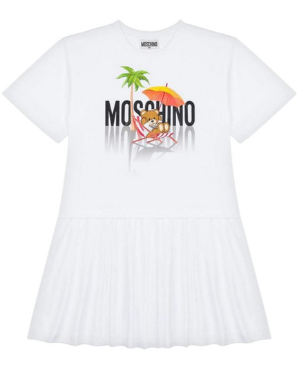 Kids Atelier-Moschino-White Logo Print Short Sleeves Flared Skirt