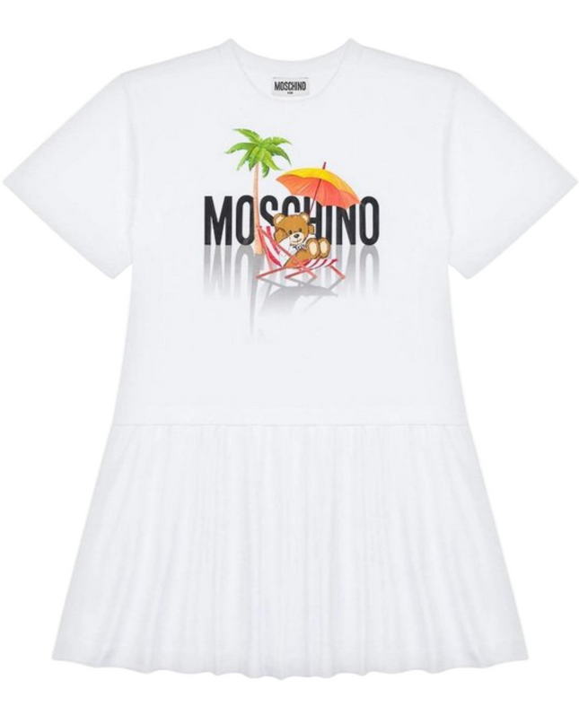 Kids Atelier-Moschino-White Logo Print Short Sleeves Flared Skirt
