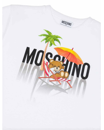 Kids Atelier-Moschino-White Logo Print Short Sleeves Flared Skirt