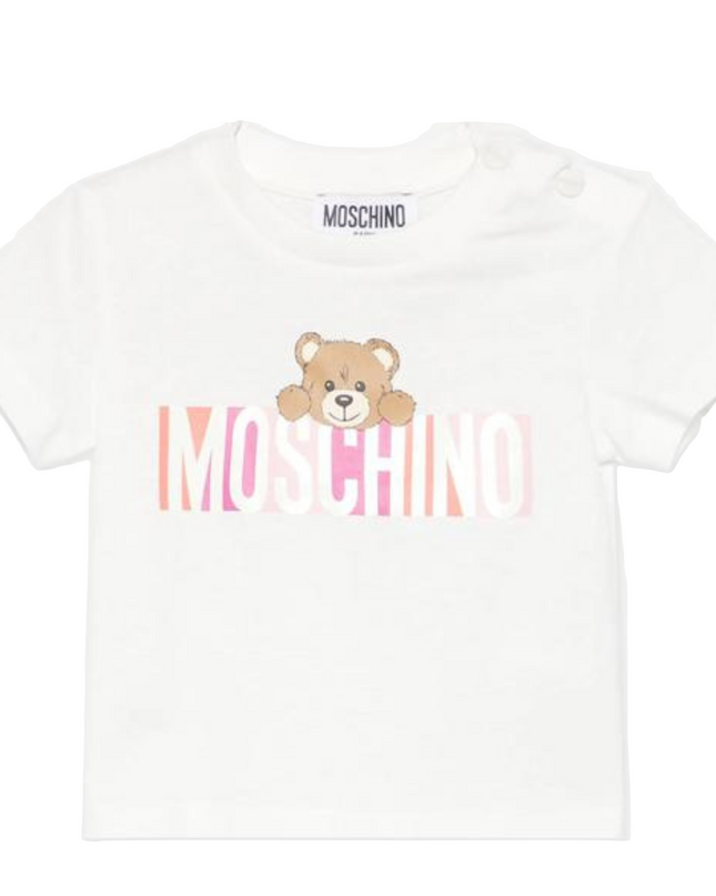 Kids Atelier-Moschino-Baby Girls Bear Logo T-Shirt in Ivory