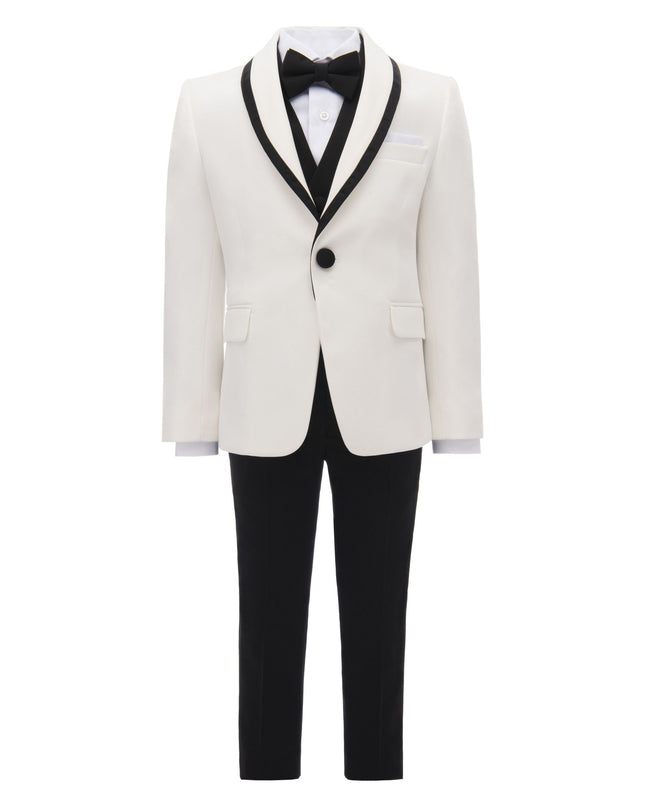 kidsatelier moustache Cream-Black Trim Shawl Lapel 5 Pcs Tuxedo Set