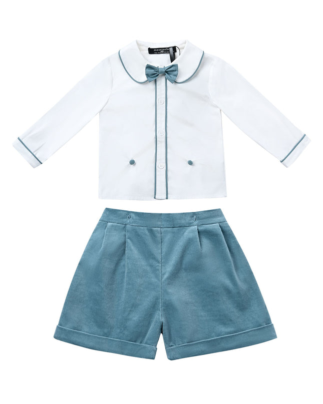kids atelier moustache White & Teal Formal Shorts Set
