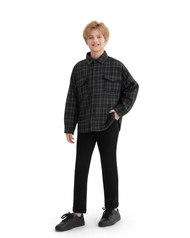 kids atelier moustache Black and Gray Plaid Flannel Shirt