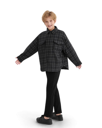 kids atelier moustache Black and Gray Plaid Flannel Shirt