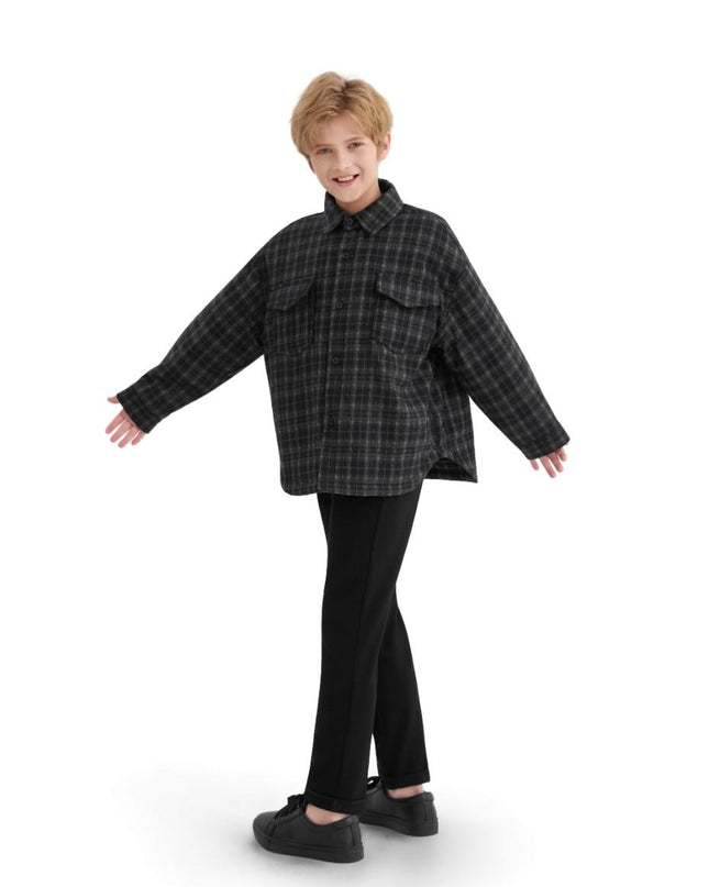 kids atelier moustache Black and Gray Plaid Flannel Shirt