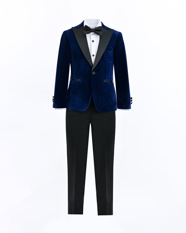 kids atelier moustache Blue Velvet Suit with Black Accents