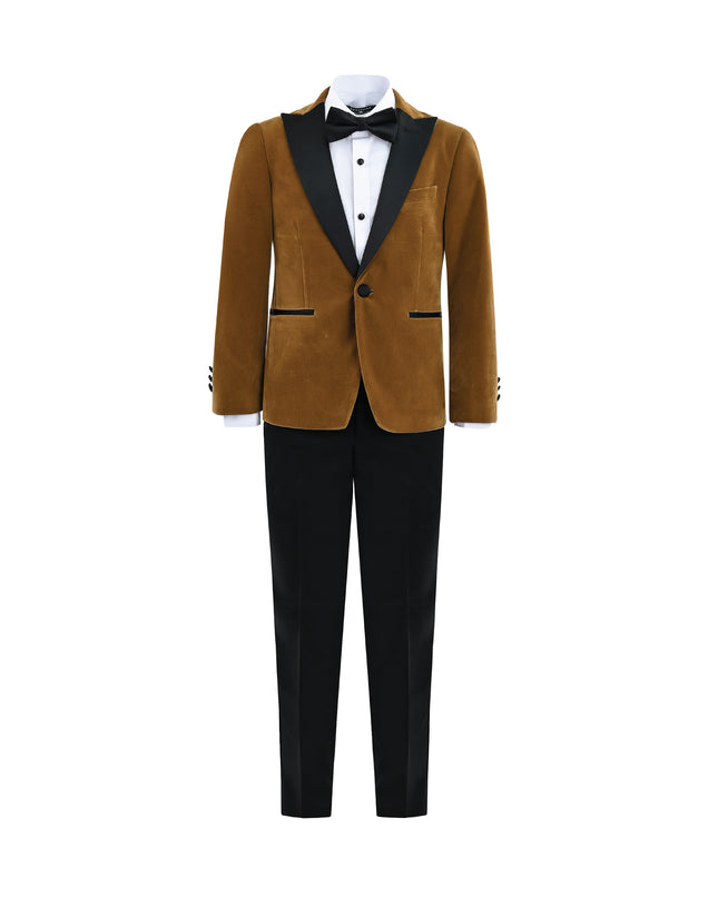 kids atelier moustache Brown Velvet Suit with Black Accents