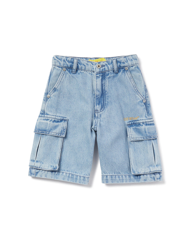 Kids Atelier-Off White-Blue Diagonal Bookish Cargo Shorts