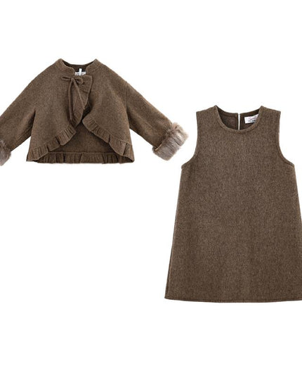 kids atelier sweet cactus Brown Wool Dress & Jacket Set