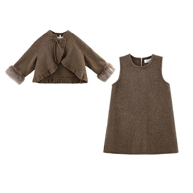 kids atelier sweet cactus Brown Wool Dress & Jacket Set