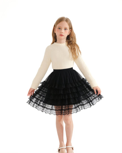 kids atelier sweet cactus Cream Ribbed Sweater with Lace Skirt