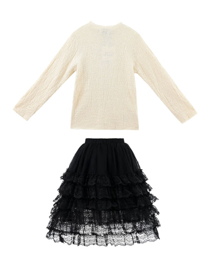 kids atelier sweet cactus Cream Ribbed Sweater with Lace Skirt