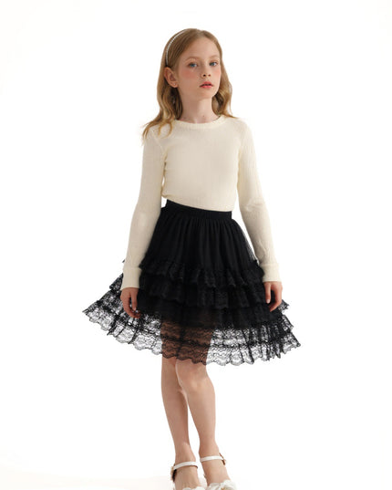kids atelier sweet cactus Cream Ribbed Sweater with Lace Skirt