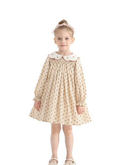 kids atelier sweet cactus Beige Floral Smocked Dress