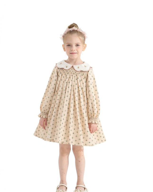 kids atelier sweet cactus Beige Floral Smocked Dress