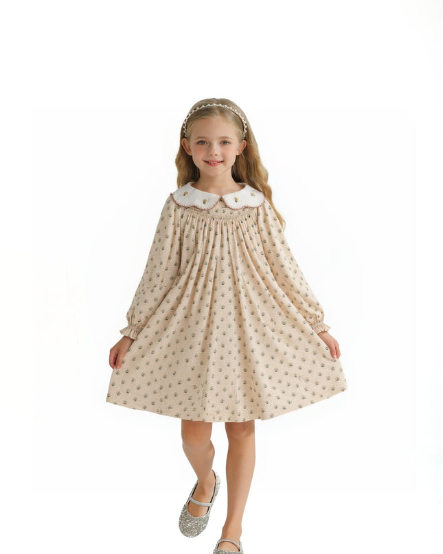 kids atelier sweet cactus Beige Floral Smocked Dress