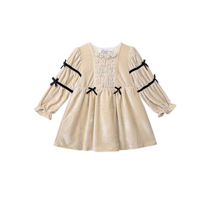 kids atelier sweet cactus Beige Velvet Bow Dress