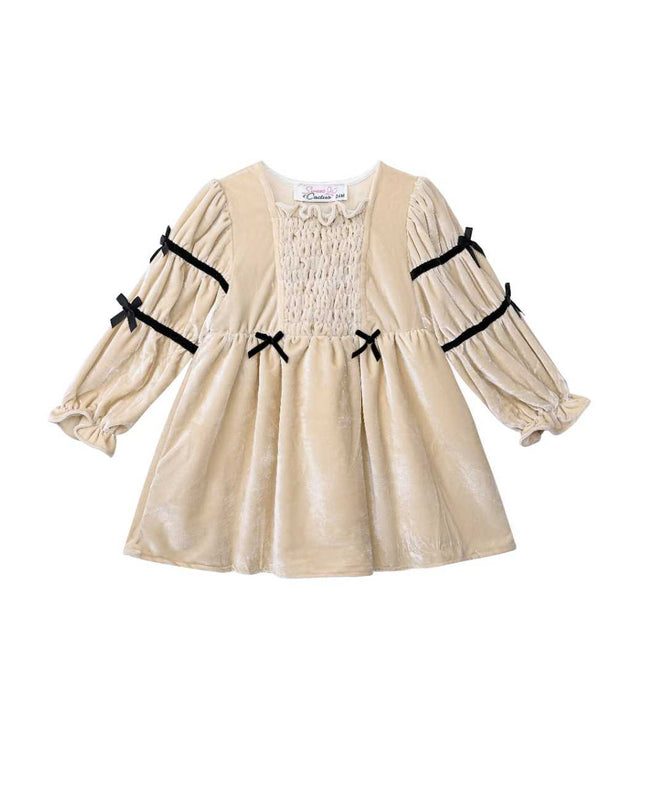 kids atelier sweet cactus Beige Velvet Bow Dress