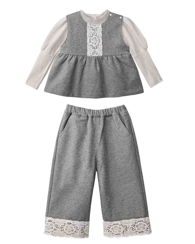 kids atelier sweet cactus Grey Lace-Layered Tunic Set