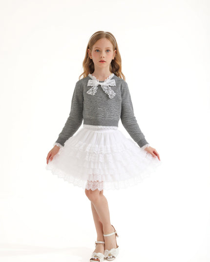 kids atelier sweet cactus Gray Lace-Bow Top with Tiered Skirt