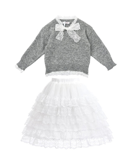kids atelier sweet cactus Gray Lace-Bow Top with Tiered Skirt