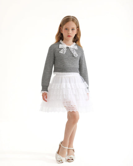 kids atelier sweet cactus Gray Lace-Bow Top with Tiered Skirt