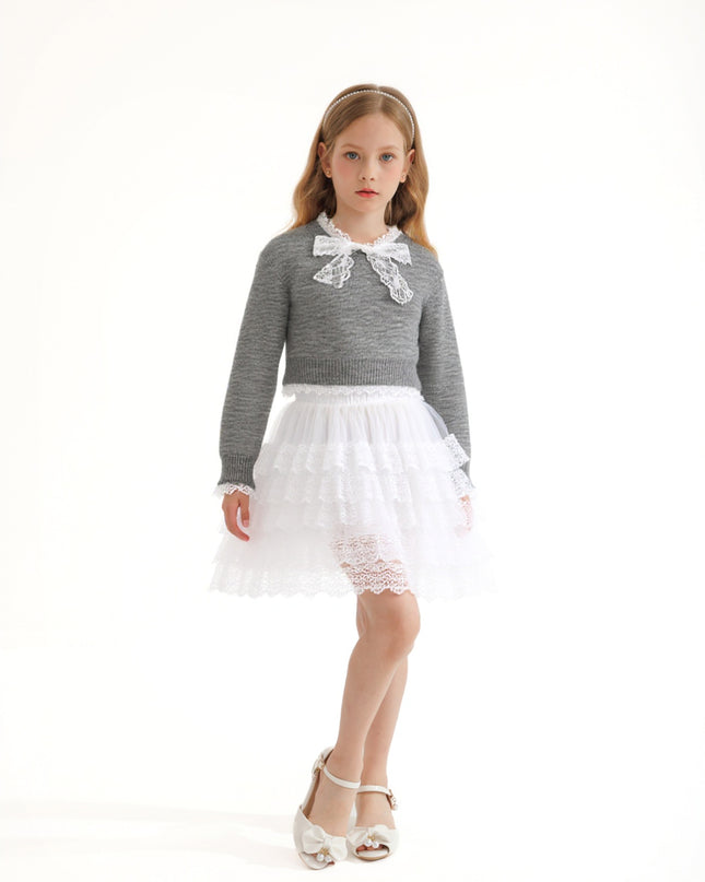 kids atelier sweet cactus Gray Lace-Bow Top with Tiered Skirt