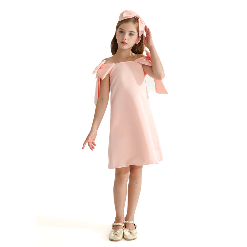 Pink Luneta Off-Shoulder Bow Dress