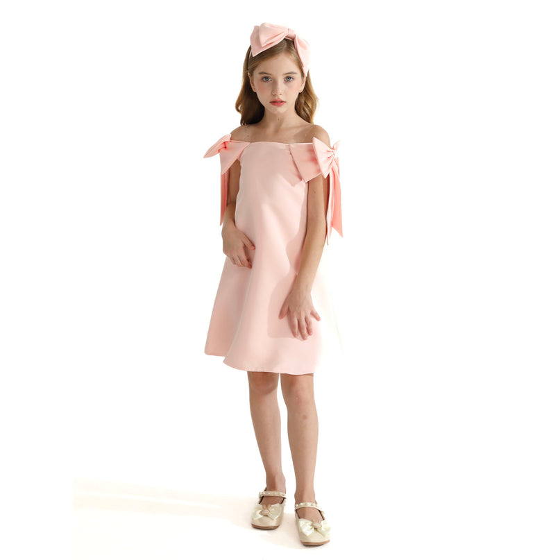Pink Luneta Off-Shoulder Bow Dress