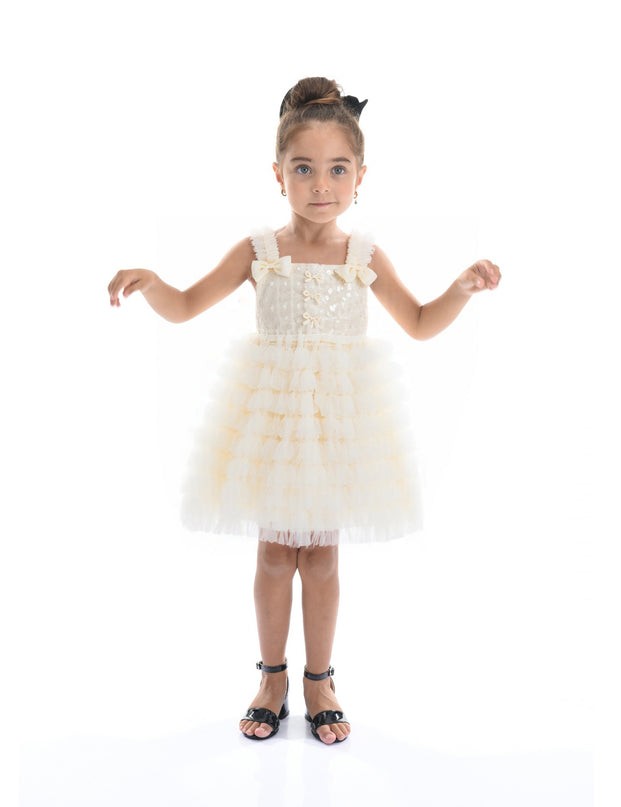 White Bow Tiered Tulle Dress