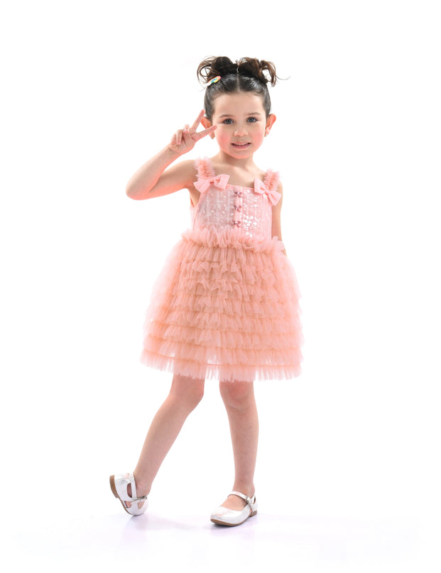 Pink Bow Tiered Tulle Dress