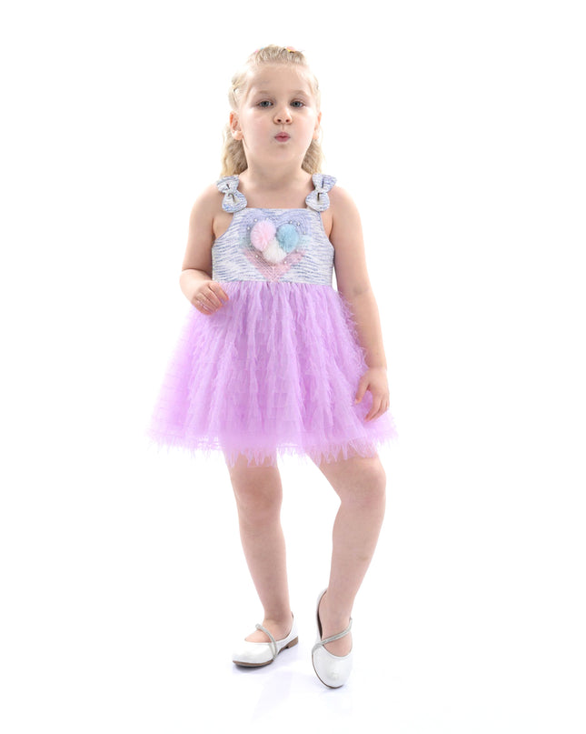 Purple Tulle Silhouette Bow Pom Dress