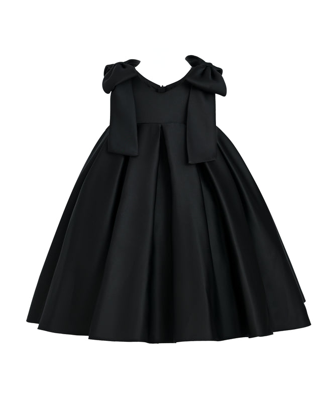 Black Palermo Satin Bow Pleated Dress