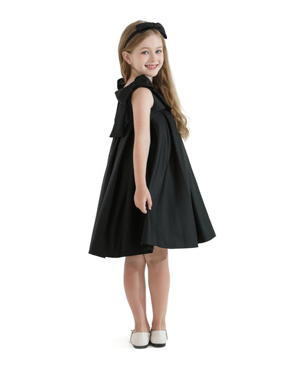 Black Palermo Satin Bow Pleated Dress