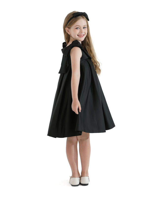 Black Palermo Satin Bow Pleated Dress