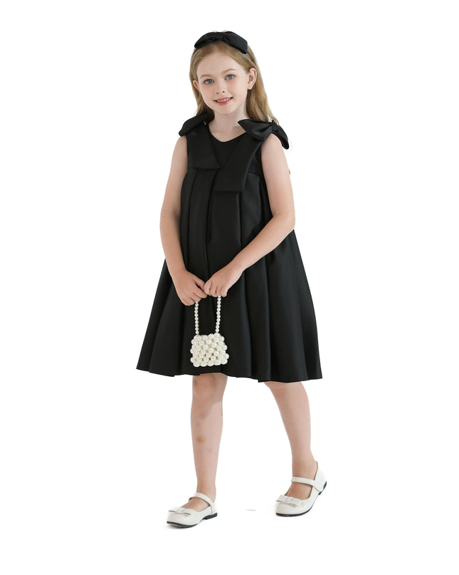 Black Palermo Satin Bow Pleated Dress