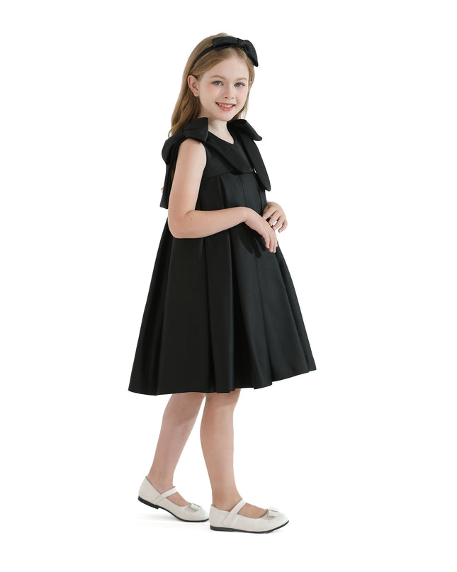 Black Palermo Satin Bow Pleated Dress