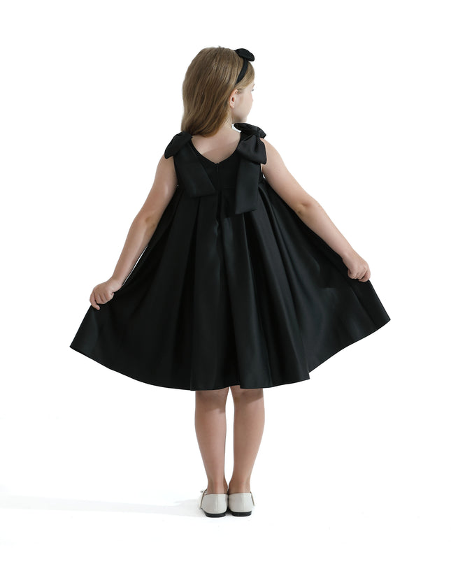 Black Palermo Satin Bow Pleated Dress