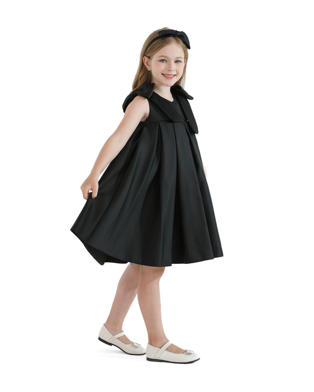 Black Palermo Satin Bow Pleated Dress