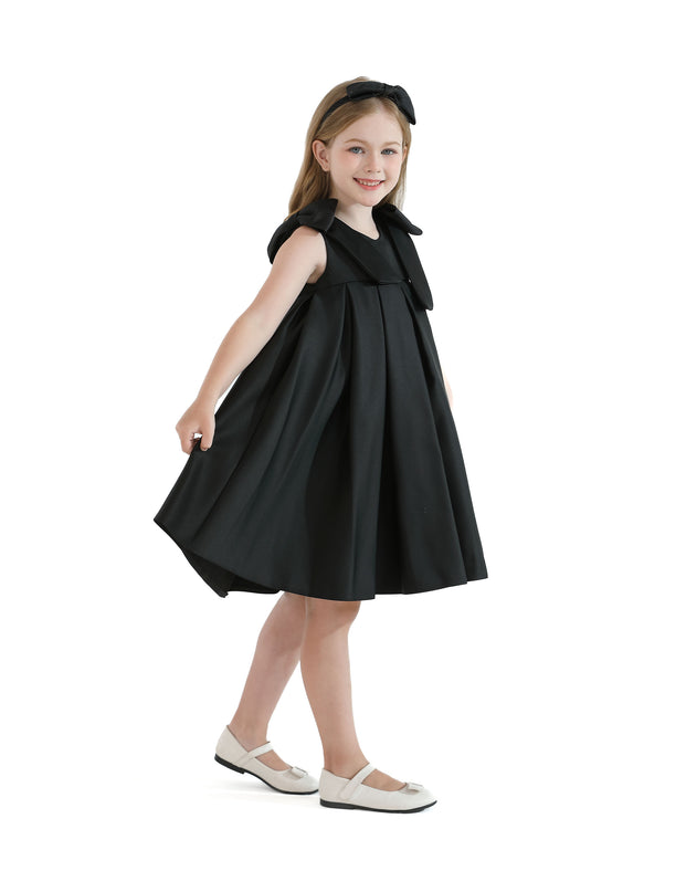 Black Palermo Satin Bow Pleated Dress