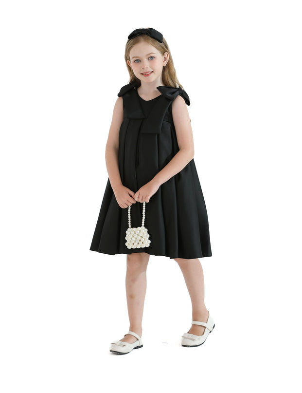 Black Palermo Satin Bow Pleated Dress